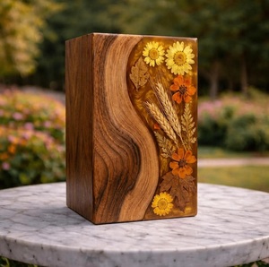 Custom Wood Resin Urn with Dried Flowers and Curved Grain Design, Handmade <b>Memorial</b> Ashes <b>Box</b>, Engraved Keepsake Gift - Product Image 3