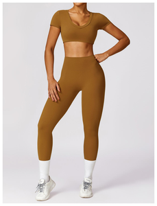 2 Piece Yoga Set Square Neck Long Sleeve Crop Top High Waist Full Length <b>Leggings</b> Seamless Racerback Sport Wear - Product Image 6