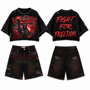 Ensembles de survêtements personnalisés, shorts de sport déchirés effet délavé, style ample, 100% coton, streetwear, ensembles de t-shirts d'été sérigraphiés - Product Image 1