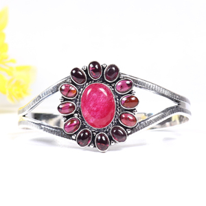 Wholesale Handmade 925 Sterling Silver Gemstone Jewelry Cluster Statement Cuff <b>Bracelet</b> Opaque Pink Ruby and Garnet Designer - Product Image 1