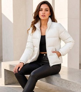 Veste matelassée noire pour femme, col montant, manches longues, fermeture éclair, coupe-vent, manteau d'hiver court, enduit PU - Product Image 4