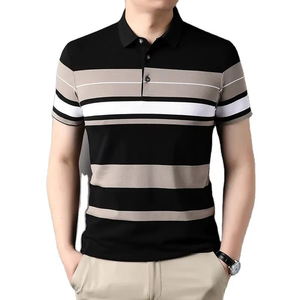 เสื้อโปโลแขนสั้นลายทางสำหรับผู้ชายลำลองทรงเข้ารูปผ้าฝ้ายผสมเสื้อยืดกอล์ฟฤดูร้อน - Product Image 1