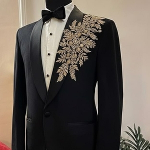 Tuxedo Blazer With <b>Silver</b> Beaded Palm Tree Embroidery Men Formal Suit <b>Jacket</b> Satin Lapel Evening Party Wear Tailored Outerwear - Product Image 5