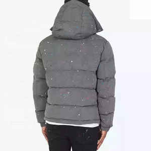 Unisex Gray Puffer <b>Jacket</b> With Hood Stand Collar Zipper Closure Glitter Dot Print Windproof Winter Coat Casual Style - Product Image 5