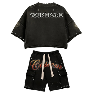 Ensemble de survêtement TRACK SPORTS en molleton 100% coton noir délavé avec strass, t-shirt et short, tenue deux pièces streetwear classique - Product Image 2