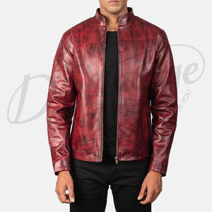 Chaqueta de cuero genuino rojo granate premium para hombre, estilo motero, corte ajustado, cuello alto, vintage, desgastada, para motocicleta y uso urbano - Product Image 6