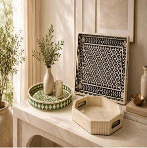 Plateau décoratif hexagonal en os vert incrusté, avec motifs géométriques cubiques 3D, disponible à prix de gros. - Product Image 6