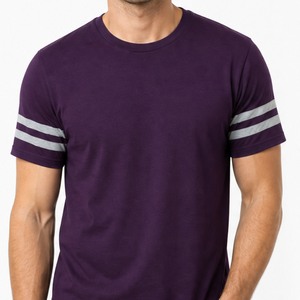 T-shirt tendance pour homme à col rond, manches rayées style universitaire, manches courtes, personnalisable, uni, violet, gris, chemise de sport - Product Image 2