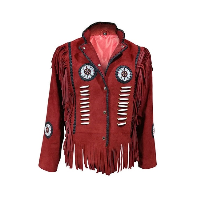 Men Red Suede Leather Jacket With Fringe Embroidered Details Turn-down Collar Casual Autumn Wear