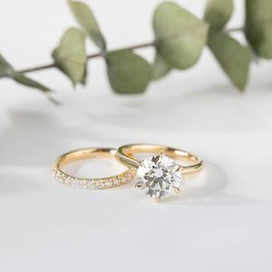Custom 3 Carat Lab Created Diamond Real <b>Gold</b> <b>Ring</b> Boutique Style Round Solitaire Handcrafted U Shape Pavé Statement Wedding <b>Set</b> - Product Image 1