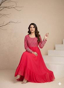 Vestido Anarkali de Georgette Rosa Bordado, Manga Larga, Cuello Barco, Largo, para Fiestas, Completamente Cosido, Vestido Étnico - Product Image 6