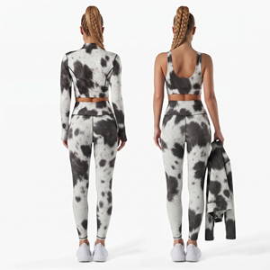 100% Polyester <b>Women</b> Cow Print Yoga Set Sleeveless Compression Crop Top High Waist Printed <b>Leggings</b> Polyester Spandex Yoga Set - Product Image 2