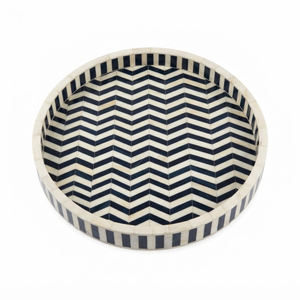 Plateau de service rond en os incrusté, motif chevron noir et blanc, plateau décoratif pour ottoman, table basse, décoration intérieure, vente en gros - Product Image 1