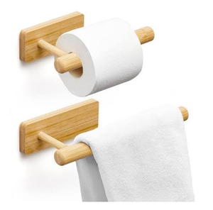 Porte-rouleau de papier toilette en bois moderne, support mural en bois d'acacia et barre porte-serviettes - Product Image 1