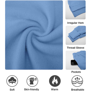 Women's Oversized Blue Sweatshirt Shorts Set Drop-Shoulder <b>O</b>-Neck Knitted Cotton Blend Asymmetric Design Casual Wear - Product Image 3