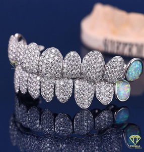 Custom Fit Pave Setting Grillz with Multi Colored Opal Moissanite and <b>Diamonds</b> 925 Sterling <b>Silver</b> Iced Out <b>Teeth</b> Jewelry - Product Image 5
