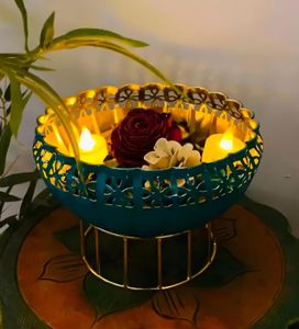 Green Metal Tealight <b>Candle</b> <b>Holder</b> Urli Bowl with Stand – Decorative Floral Cutout Teal & Gold Centerpiece for <b>Floating</b> Flowers. - Product Image 5