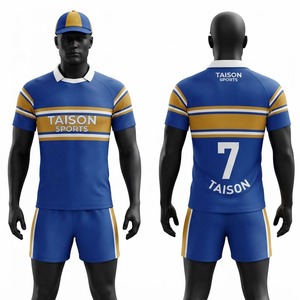 Uniforme de rugby de performance en polyester 240 g/m² à séchage rapide pour homme, bleu marine et gris, avec empiècements en maille chevron et logo personnalisé par transfert thermique - Product Image 1
