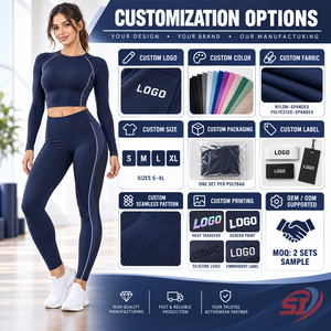 Custom Women Navy Yoga Set Streamlined Half Sleeve <b>Top</b> High Waist Performance <b>Leggings</b> Print Front Logo Seamless Polyester/Nylon - Product Image 6
