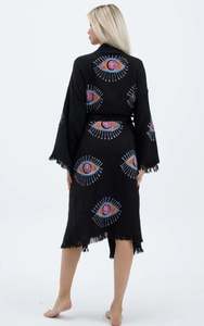 2026 Robe longue kimono en coton, motif œil protecteur, imprimée à la main, style ethnique bohème, vêtement de plage, veste hippie, peignoir de festival pour femme - Product Image 5