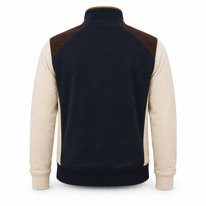 Custom Men's <b>Navy</b> Blue Quarter Zip Fleece <b>Sweatshirt</b> Beige Raglan Sleeves Stand Collar Casual Winter Pullover - Product Image 2