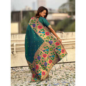 ผ้าไหมพายทานีสีเขียวทอลายซารี พร้อมขอบใหญ่ เสื้อผ้าอินเดียและปากีสถาน - Product Image 4