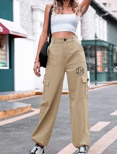 Pantalon cargo décontracté taille haute pour femme, coupe large et droite, avec poches, 100 % coton, idéal pour l'automne - Product Image 2