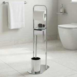 Porte-papier toilette moderne sur pied en acier avec base ovale et design à niveaux, accessoire de salle de bain - Product Image 1