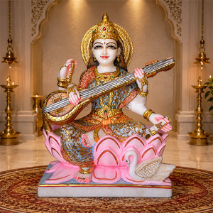 Murti de Mármol de Saraswati con Veena y Cisne |   Estatua de la Diosa Saraswati en Mármol Hecha a Mano para Templo, Hogar y Decoración Espiritual - Product Image 1