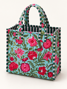Bolso Tote de Algodón Acolchado Veer Handicrafts, Estampado Floral Azul, Asas Verdes a Rayas, Cierre de Cremallera, Estilo Moderno, Origen Rajasthan - Product Image 6