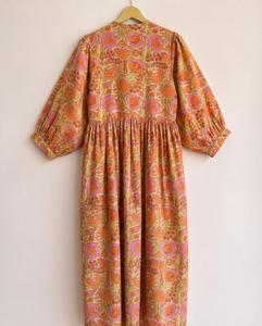 Robe maxi bohème à imprimé floral en coton faite à la main pour femmes, coupe ample, manches bouffantes trois quarts, col noué, robes tissées décontractées d'été - Product Image 2