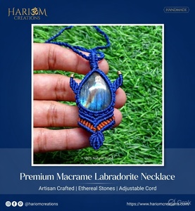 Handmade Macrame Flower Design Buddhism Style <b>Statement</b> <b>Necklace</b> Blue Flash Gemstone Adjustable Cord Minimalist Women's Jewelry - Product Image 4