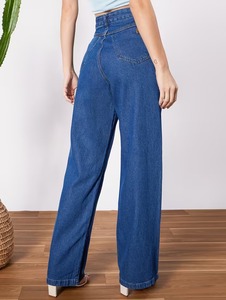Jean en denim décontracté pour femme, coupe ample, taille mi-haute, jambe large, avec déchirures décoratives, en coton écologique, couleurs bleu/noir, Printemps/Été - Product Image 6