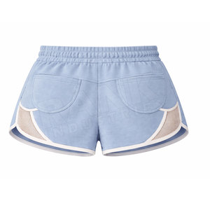 Shorts de sport taille haute bleu clair pour femme avec poches zippées, cordon de serrage, tricoté, respirant, coupe décontractée - Product Image 2