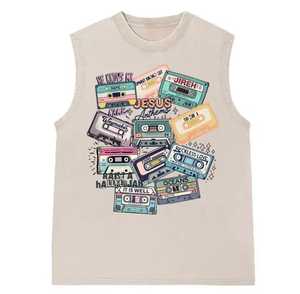 Débardeur sans manches en coton tricoté avec imprimé cassette, col rond, style décontracté, logo frontal - Product Image 3