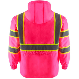 Hi Visibility Reflective Work <b>Jacket</b> <b>Pink</b> Polyester Safety Coat with Hood and Zip Front Unisex - Product Image 5