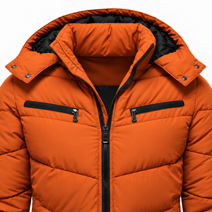 Custom Mens Hooded Puffer <b>Jacket</b> Warm Quilted Winter Coat Water Resistant Shell Ribbed Cuffs Multi Zipper Pocket Design - Product Image 4