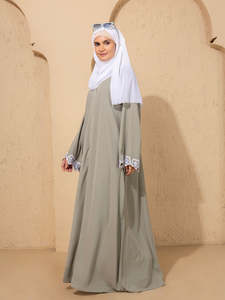 Abaya vert olive pour femme, longue, coupe ample, manches longues, col montant, tenue quotidienne modeste, style Moyen-Orient, broderie en coton - Product Image 4