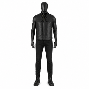Premium <b>Men's</b> Motorcycle Genuine <b>Leather</b> <b>Vest</b> Biker Style Sleeveless Jacket Slim Fit Casual Waistcoat with Multi-Pockets Black - Product Image 6