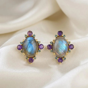 Unique Design Gold Plated Labradorite <b>Blue</b> Topaz Amethyst Statement <b>Earrings</b>, Multiple Stone Statement <b>Studs</b> - Product Image 2