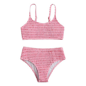 Nouvel Arrivage Personnalisé Service OEM Ensemble Bikini 2 Pièces Rose Tricoté pour Femme avec Haut Froncé et Bas Taille Haute à Motif Floral - Product Image 1