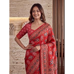 Trendy <b>Saree</b> <b>Blouse</b> With Digital Ajrak Print Real Mirror Embroidery Ethnic Wedding Party Wear Designer Indian Fashion For Womens - Product Image 4