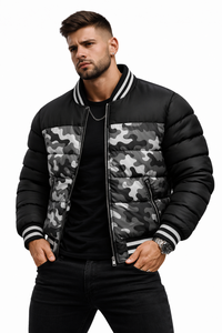 Blouson Bomber matelassé imperméable écologique noir et gris pour homme, col montant, fermeture éclair, bordure côtelée, doublure en coton – Vente en gros - Product Image 4