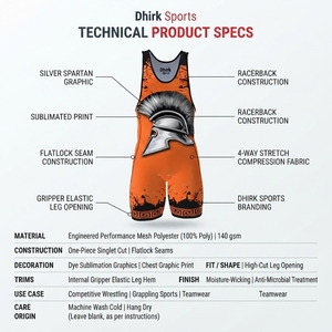 Combinaison de lutte ajustée en spandex orange Spartan sublimée sur mesure pour hommes, idéale pour les sports de combat et les arts martiaux - Product Image 5