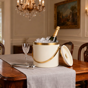 Elegant Round Ice <b>Bucket</b> <b>With</b> <b>Lid</b> Metal Double Wall Party Beverage Cooler Gold Trim Beige Exterior - Product Image 5