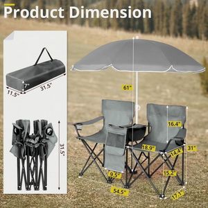 Sedia Pieghevole da Esterno a 2 Posti con Ombrello Rimovibile per Spiaggia, Campeggio, Pesca, Grigia - Product Image 2