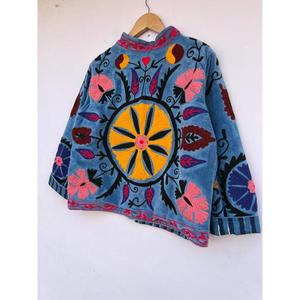 Chaqueta Varsity Bordada a Mano con Diseño Suzani, Estilo Bohemio, Color Azul, para Otoño e Invierno, Chaqueta Duster de Algodón y Terciopelo con Botones para Mujer - Product Image 5