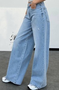 Jean en denim droit taille mi-haute pour femme avec logo personnalisé, respirant, écologique, délavage clair, style streetwear décontracté - Product Image 2