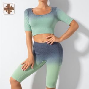 Gradiente 2 colores sin costuras Reduce la fricción High Rise Bodycon Fit Yoga Set - Product Image 3