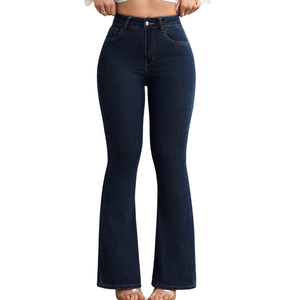 Womens Dark Blue Bootcut <b>Denim</b> Jeans Mid Waist XL <b>Stretch</b> Fit Flared Leg Casual Full Length Fashion Everyday Wear OEM - Product Image 1